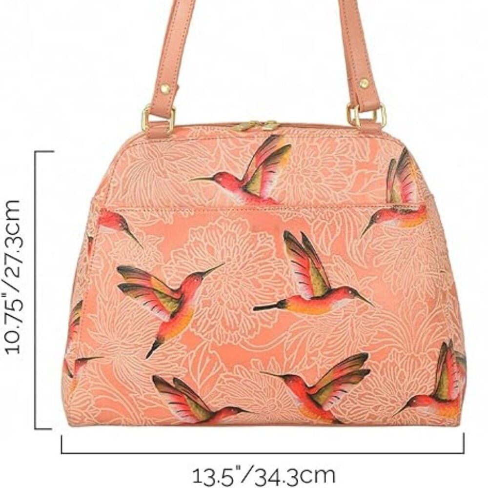 Anuschka Women’s Original Genuine Leather Birds Peach Hand-Painted Satchel NEW - Picture 6 of 7